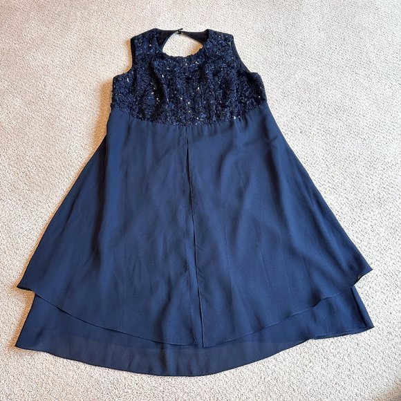 Faviana NY Dress Formal Midi Black Lace Sequin Chiffon Evening Cocktail Plus 14W - Picture 1 of 10